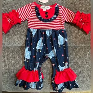 NWT Marie Nicole Red and Blue Chicken Print baby girl One Piece size 0/3m